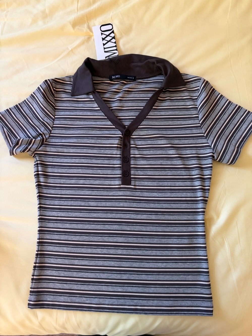 Mixxo Stripe Polo Top in Gray and Black